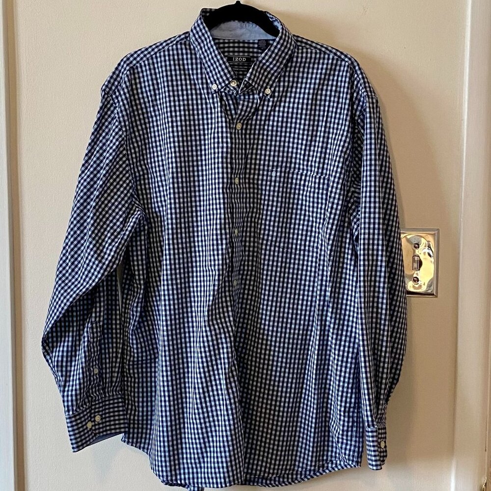 Izod Men's XL Classic Fit Shirt Long sleeve Button down Blue white check Cotton